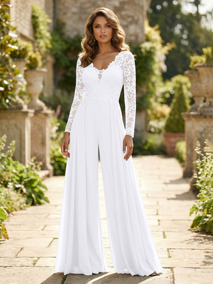 Chiffon V Neck Lace Mother of the Bride Pantsuits