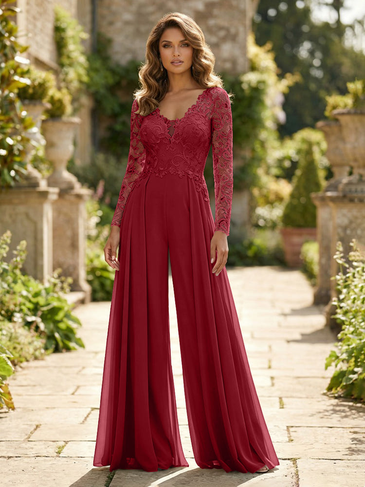 Chiffon V Neck Lace Mother of the Bride Pantsuits