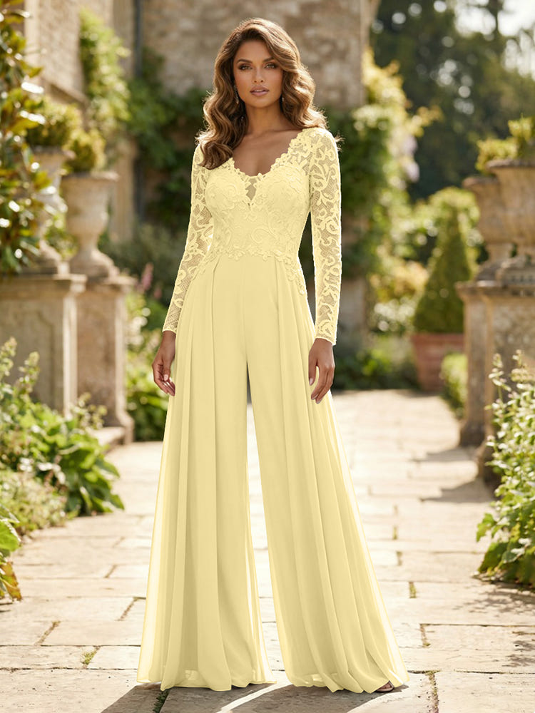 Chiffon V Neck Lace Mother of the Bride Pantsuits