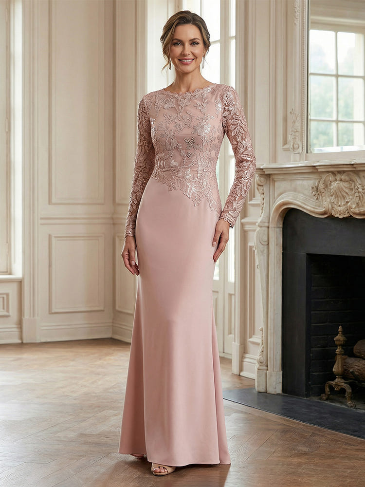 Satin Mermaid Round Neck Lace Applique Mother of the Bride Dresses