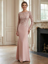 Satin Mermaid Round Neck Lace Applique Mother of the Bride Dresses