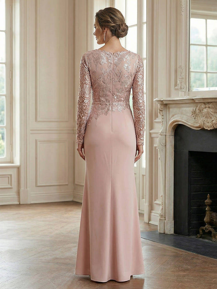 Satin Mermaid Round Neck Lace Applique Mother of the Bride Dresses