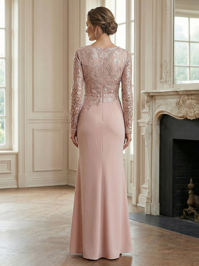 Satin Mermaid Round Neck Lace Applique Mother of the Bride Dresses