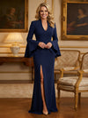 Satin Mermaid V Neck Slit Mother of the Bride Dresses