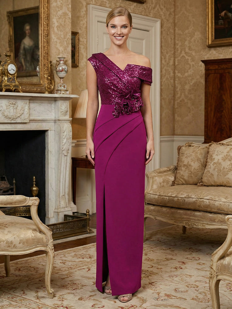 Satin Sheath Asymmetric Neck 3D Flowers Mother of the Bride Dresses