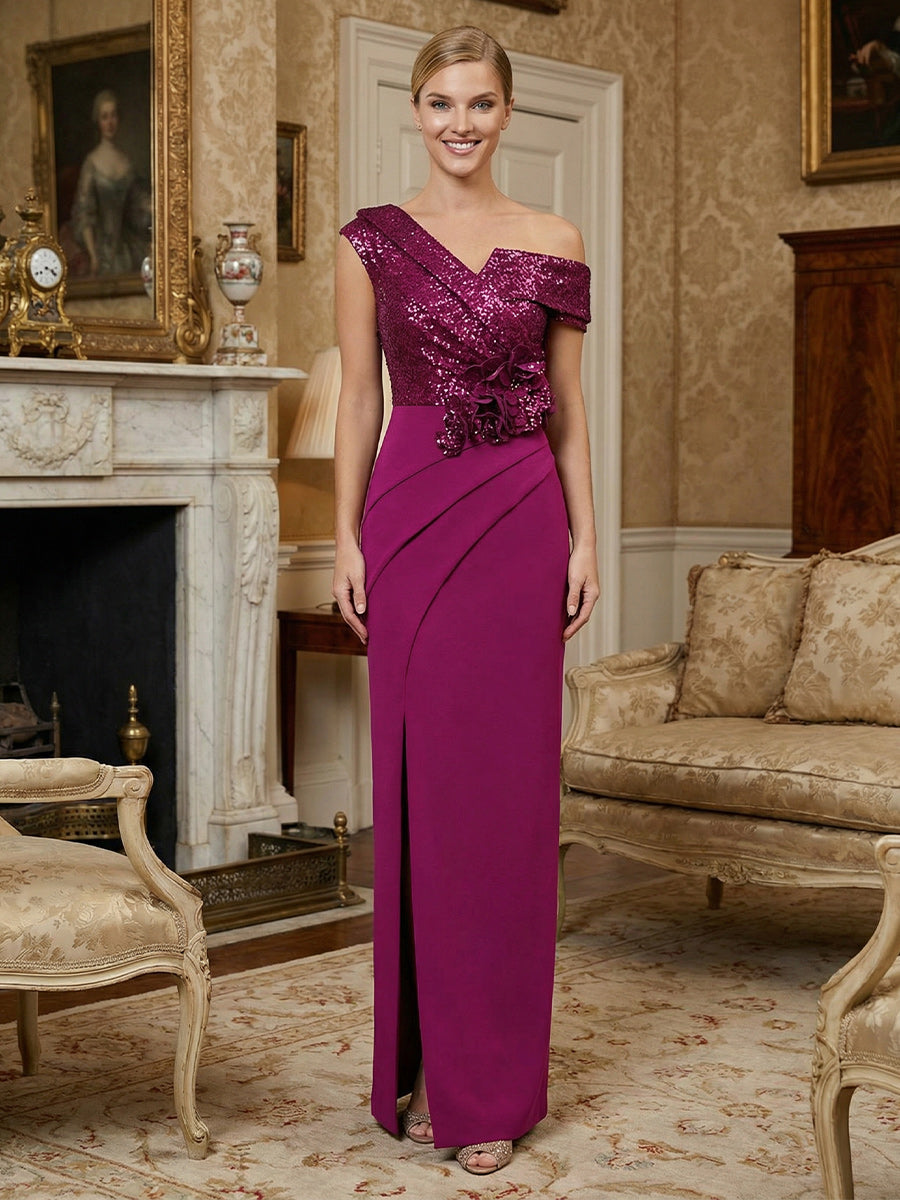 Satin Sheath Asymmetric Neck 3D Flowers Mother of the Bride Dresses