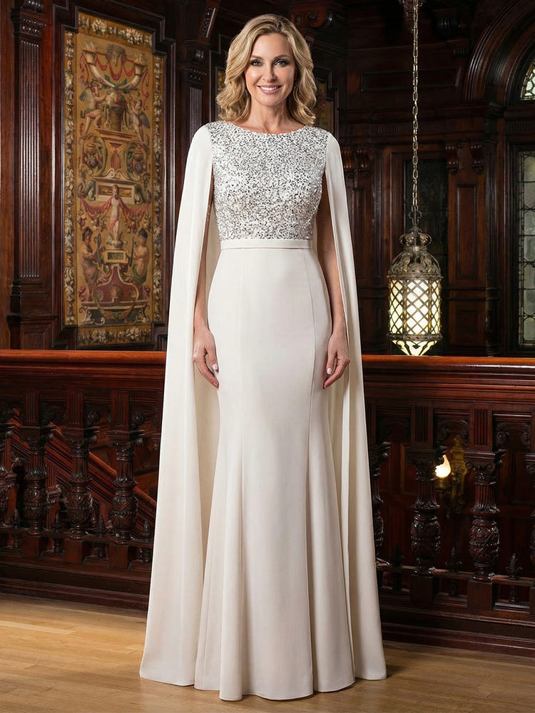 Sequin Satin Mermaid Round Neck Beaded Mother of the Bride Dresses with Caps