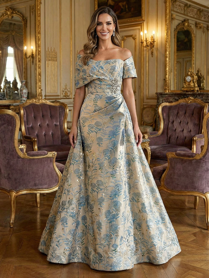 Jacquard A-Line Off the Shoulder Beaded Mother of the Bride Dresses