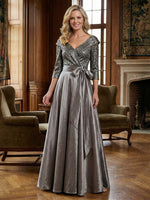 Satin A-Line V Neck Sequin Mother of the Bride Dresses