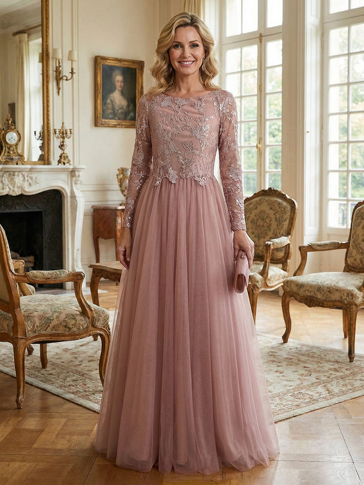 Tulle Crew Neck Lace Applique Mother of the Bride Dresses