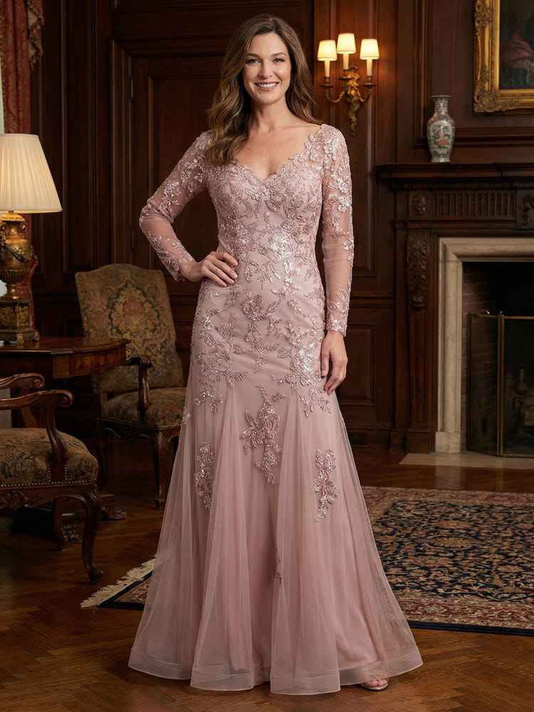 Tulle Mermaid V Neck Lace Applique  Mother of the Bride Dresses