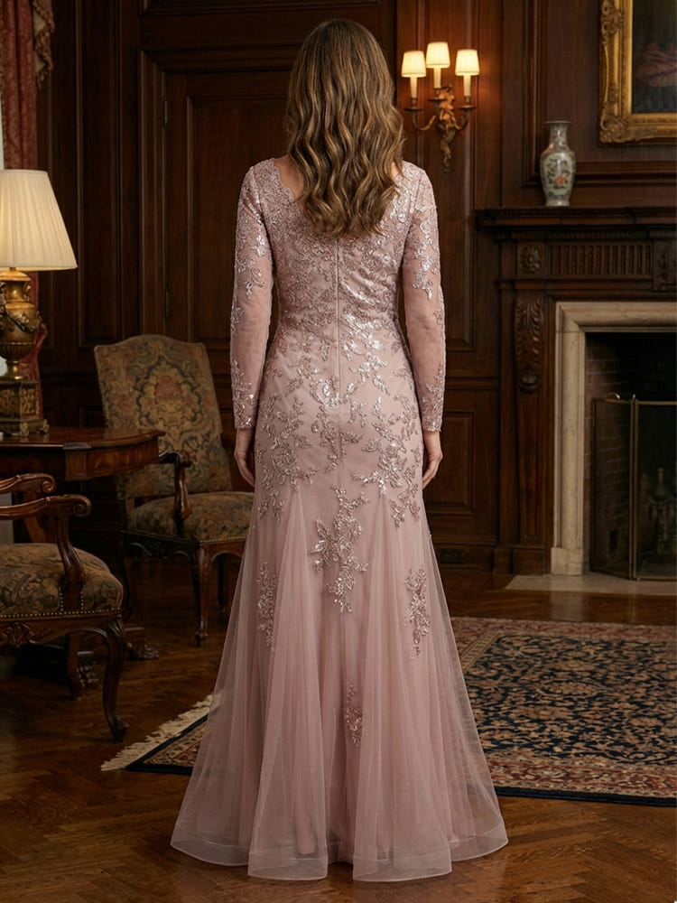 Tulle Mermaid V Neck Lace Applique  Mother of the Bride Dresses