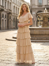 Chiffon A-Line V Neck Tiered Mother of the Bride Dresses
