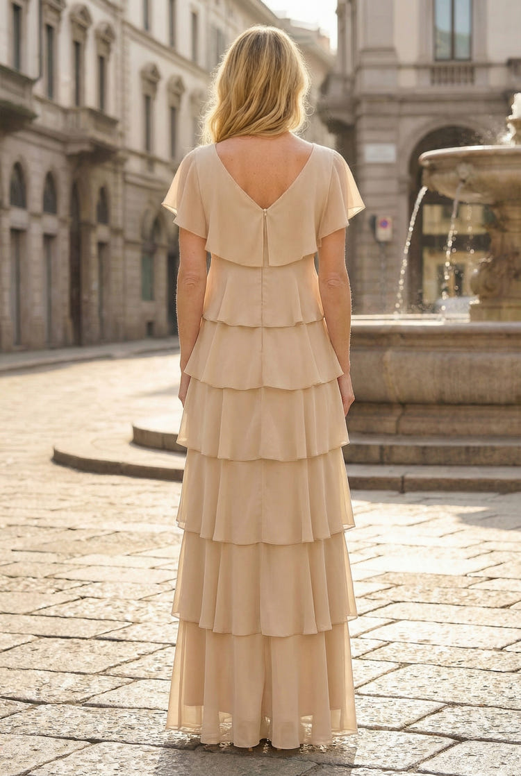 Chiffon A-Line V Neck Tiered Mother of the Bride Dresses
