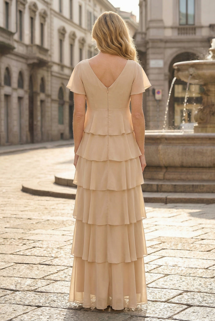Chiffon A-Line V Neck Tiered Mother of the Bride Dresses