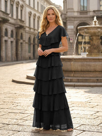 Chiffon A-Line V Neck Tiered Mother of the Bride Dresses