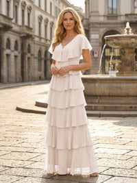 Chiffon A-Line V Neck Tiered Mother of the Bride Dresses