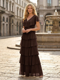 Chiffon A-Line V Neck Tiered Mother of the Bride Dresses