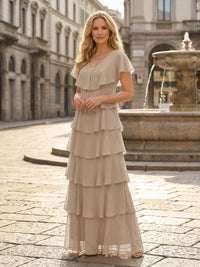 Chiffon A-Line V Neck Tiered Mother of the Bride Dresses