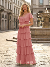 Chiffon A-Line V Neck Tiered Mother of the Bride Dresses