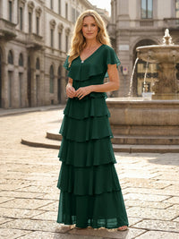 Chiffon A-Line V Neck Tiered Mother of the Bride Dresses