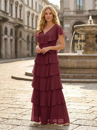 Chiffon A-Line V Neck Tiered Mother of the Bride Dresses