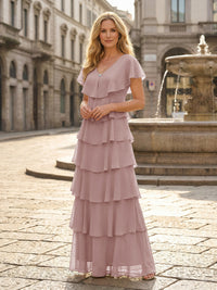 Chiffon A-Line V Neck Tiered Mother of the Bride Dresses