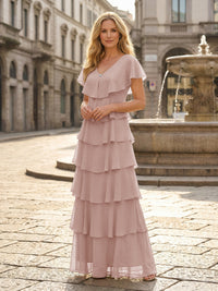 Chiffon A-Line V Neck Tiered Mother of the Bride Dresses