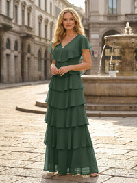 Chiffon A-Line V Neck Tiered Mother of the Bride Dresses