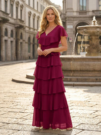 Chiffon A-Line V Neck Tiered Mother of the Bride Dresses