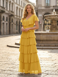 Chiffon A-Line V Neck Tiered Mother of the Bride Dresses