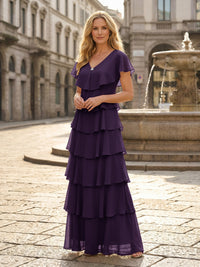 Chiffon A-Line V Neck Tiered Mother of the Bride Dresses