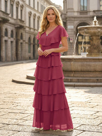 Chiffon A-Line V Neck Tiered Mother of the Bride Dresses
