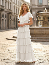 Chiffon A-Line V Neck Tiered Mother of the Bride Dresses