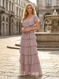 Chiffon A-Line V Neck Tiered Mother of the Bride Dresses