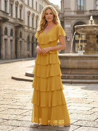 Chiffon A-Line V Neck Tiered Mother of the Bride Dresses