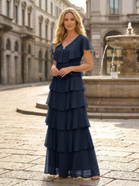 Chiffon A-Line V Neck Tiered Mother of the Bride Dresses