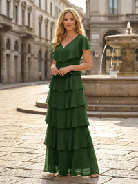 Chiffon A-Line V Neck Tiered Mother of the Bride Dresses