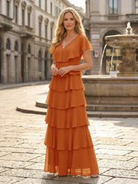 Chiffon A-Line V Neck Tiered Mother of the Bride Dresses