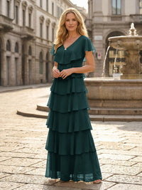 Chiffon A-Line V Neck Tiered Mother of the Bride Dresses