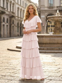 Chiffon A-Line V Neck Tiered Mother of the Bride Dresses