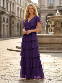 Chiffon A-Line V Neck Tiered Mother of the Bride Dresses