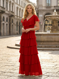 Chiffon A-Line V Neck Tiered Mother of the Bride Dresses