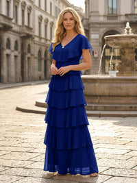 Chiffon A-Line V Neck Tiered Mother of the Bride Dresses