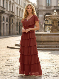 Chiffon A-Line V Neck Tiered Mother of the Bride Dresses