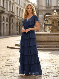 Chiffon A-Line V Neck Tiered Mother of the Bride Dresses