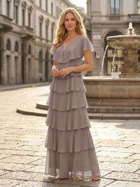 Chiffon A-Line V Neck Tiered Mother of the Bride Dresses