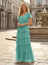 Chiffon A-Line V Neck Tiered Mother of the Bride Dresses