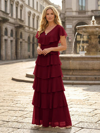 Chiffon A-Line V Neck Tiered Mother of the Bride Dresses