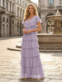 Chiffon A-Line V Neck Tiered Mother of the Bride Dresses